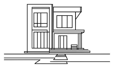 Continuous one line drawing of modern house architecture. Flat roof house or commercial building in single line vector illustration.