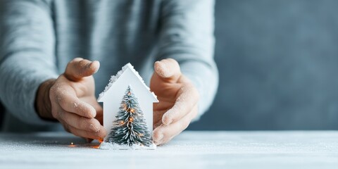 A close-up of hands holding a small house model covered with snow and a miniature pine tree inside, evoking a sense of warmth and wintertime comfort.