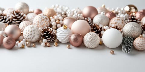 Obraz premium A beautiful array of shimmering holiday ornaments, including baubles and pine cones, set against a light background, creating a festive and elegant scene.