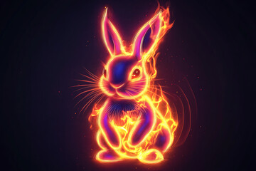 Fototapeta premium neon burning bunny illustration, black background, cartoon style