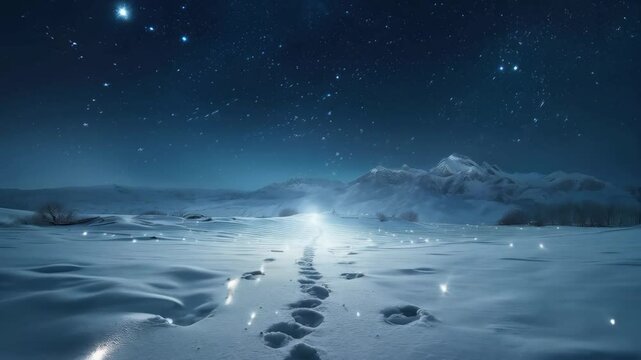 Light at the end of the road through snowy magic winter landscape. Self knowledge concept. Snowy north pole landscape under starry night sky. Travel, tourism, adventure and exploration