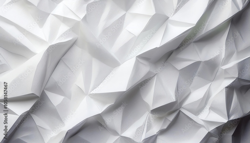 Poster a textured close-up of crumpled white paper, featuring sharp folds and dynamic shadows, creating an 