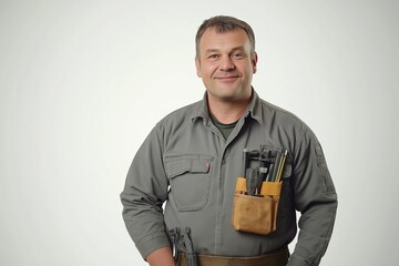 Smiling middle-aged man in work uniform with tools in his pocket, creating an image of a professional technician and reliability