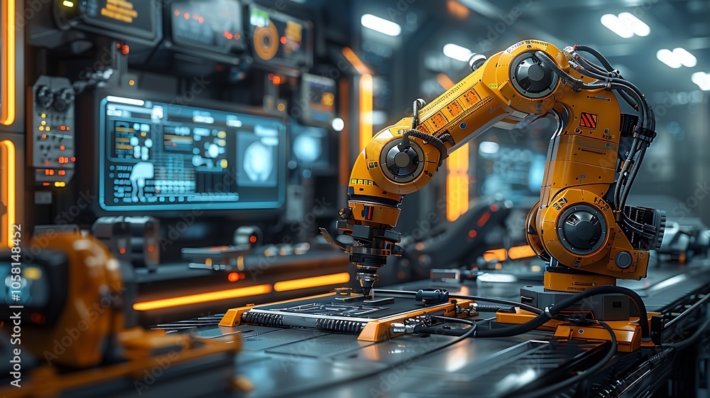 Poster a robotic arm operates in a high-tech manufacturing environment filled with screens and machinery, s
