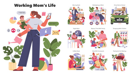 Working Mom Life. Flat Vector Illustration