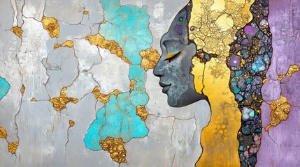 Naklejka premium Abstract Face Art Painting with Gold Turquoise and Purple