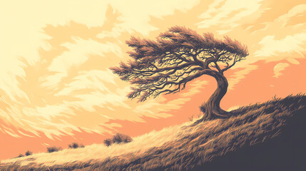 A lone windswept tree on a hillside. Lone Pine Tree. Illustration