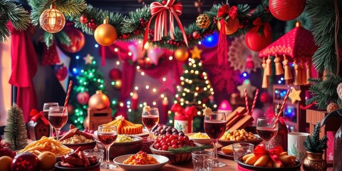 Fototapeta premium A glass of holiday punch with pine cones and citrus slices, party, ornaments