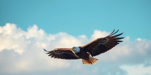 Obraz premium An eagle majestically soaring with the US flag in its talons against a clear blue sky, United States, wings