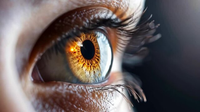 A persons eye closeup with a dreamy reflection of the Moon, symbolizing space conquest and ambition.