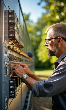 A qualified technician is monitoring the solar inverter's voltage. Male measuring output voltage with current probe. A man wearing a helmet is pointing to the PV panel's reverse inverter dial. 
