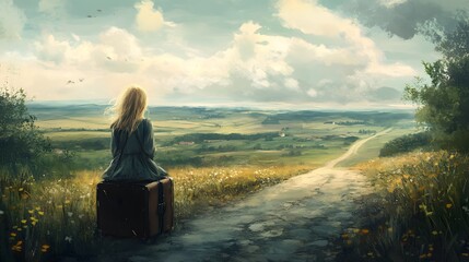 Fototapeta premium Lonely girl with suitcase at country road dreaming about travel.