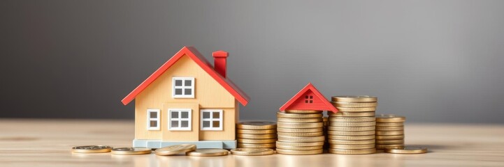 Close-up of a miniature house nestled among a pile of coins, symbolizing investment in property and homeownership, concept, savings