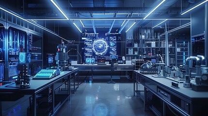 A modern, high-tech laboratory with blue lighting, advanced equipment, and a digital display featuring intricate data visualizations.