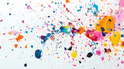 A photograph of colorful paint splatters on a white background. Splatter Painting. Illustration