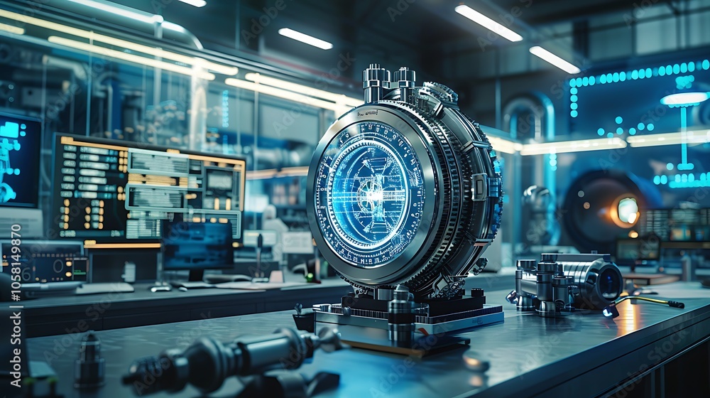 Poster a futuristic device sits on a workbench, surrounded by high-tech equipment and illuminated screens, 