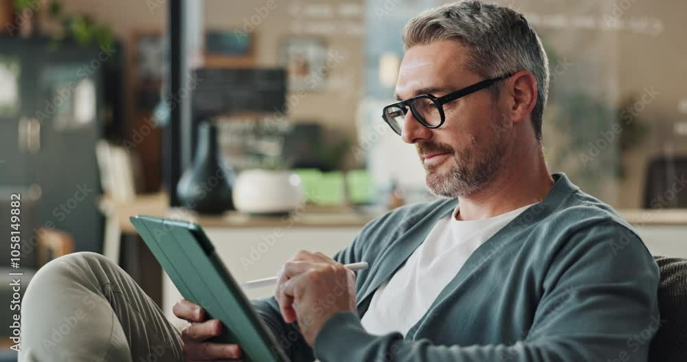 Poster Office, businessman and software with tablet for update, page review and development with tech pen. Workplace. mature person and web designer with digital for online system, application and solution