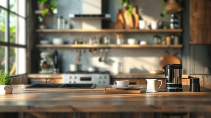 The elegant coffee set rests on a polished kitchen island, enhancing the contemporary vibe of this modern kitchen backdrop.