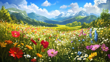 Obraz premium A vibrant tapestry of wildflowers painting the landscape, celebrating the joy of nature's palette. Flowering Meadow. Illustration