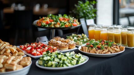 Delightful Breakfast Buffet Spread with Assorted Pastries, Fresh Juice, and Coffee for Meeting