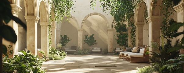 Serene courtyard design with graceful arches and light-colored seating, enveloped by plants and sunlight for a peaceful setting.