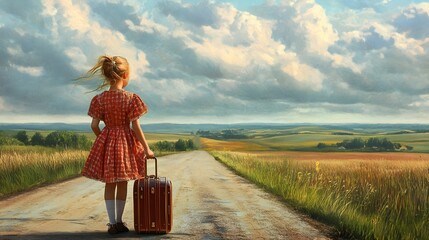 Fototapeta premium Lonely girl with suitcase at country road dreaming about travel.