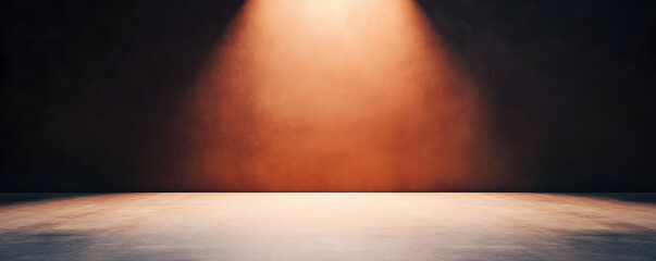 Dark empty stage spotlight warm orange beam light stage floor concrete material texture spotlight dramatic contrast darkness anticipation mystery performance begin