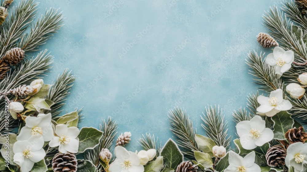 Poster a beautiful display of white flowers and pinecones surrounded by evergreen branches rests on a soft 