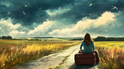 Fototapeta premium Lonely girl with suitcase at country road dreaming about travel.