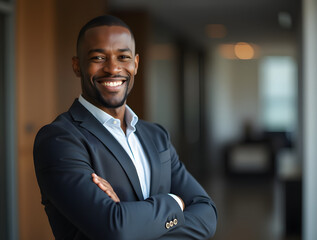 Fototapeta premium confident smiling businessman in suit, standing arms crossed