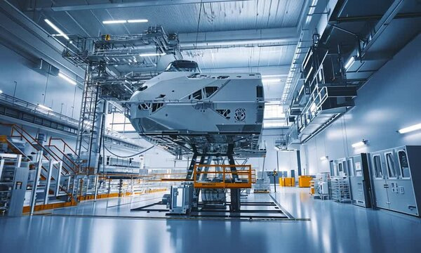 A modern industrial facility featuring a suspended testing rig for aerospace equipment.