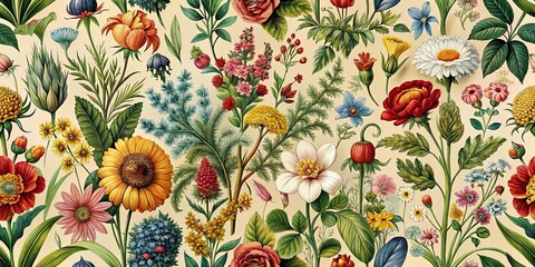Retro wild floral pattern featuring various types of flower plants, botanical, wild, retro, floral, vintage, pattern