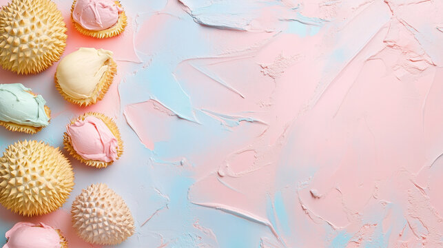 Fototapeta ice cream durian laid out on a light pastel surface for background