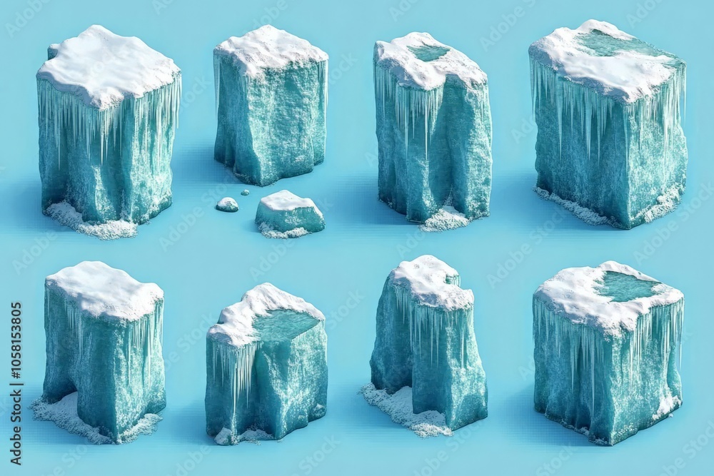 Poster 3d render of icy blocks arranged in a grid on a light blue background capturing the geometric and fr