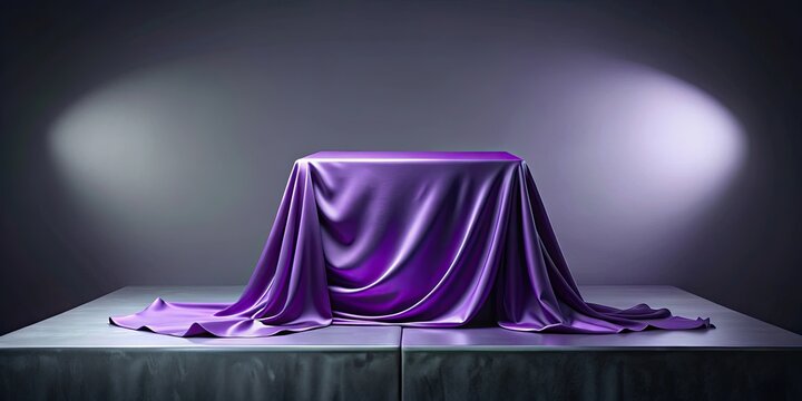 Purple silk cloth draped over unseen object on display podium suggesting an unveiling event , unveiling, purple, silk, cloth