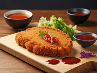 Tonkatsu on Wooden Board with Dipping Sauce on the Side