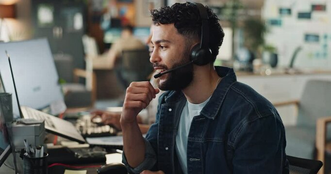 Customer service, headphones and business people with call center, man and help desk. Communication, employees and consulting agency with tech support, advice or talking with connection and network