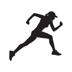 vector silhouette of a woman wearing a hat, side view of a runner running, silhouette illustration black and white