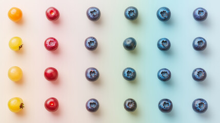 blueberrys are laid out on a light pastel surface for background