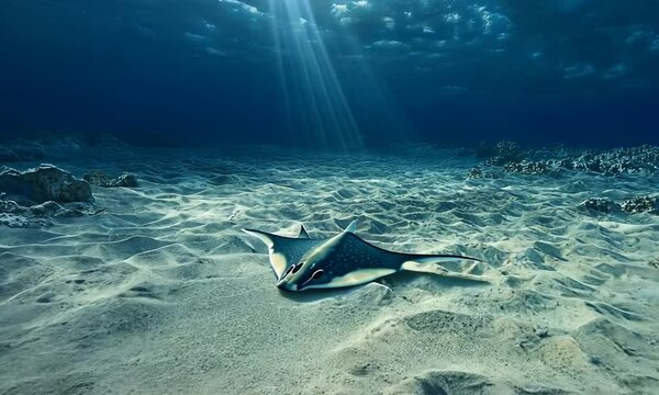 A serene underwater scene featuring a stingray gliding over sandy ocean floor.
