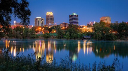 Naklejka premium City skyline at night reflected in calm water, vibrant lights illuminating the scene.