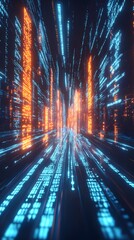 Naklejka premium Abstract digital tunnel with blue and orange glowing lines representing data flow.
