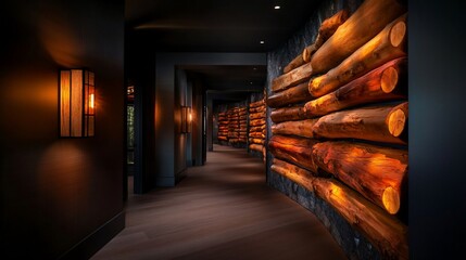 Fototapeta premium A dark hallway with a log wall, lit by warm lighting.