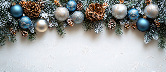 A serene Christmas-themed flat lay with pine cones, silver and blue ornaments, perfect for holiday greetings, invitations, or festive decor.
