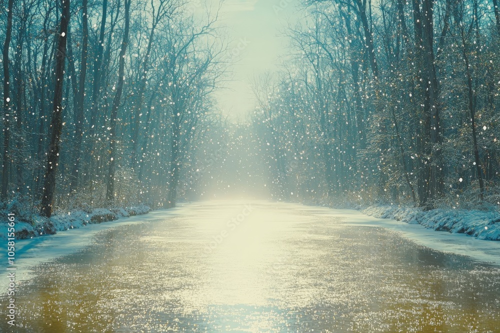 Poster winter forest pathway under snowfall with a soft misty background capturing the serene charm and qui