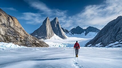Man exploring Qualerallit glacier, Narsaq, Kitaa, Greenland.