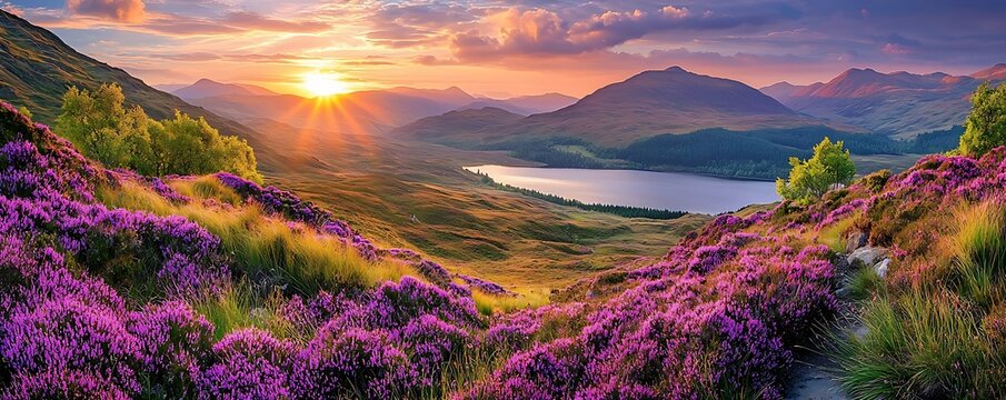 Sunset over Scottish Highlands landscape with purple heather blooms green rolling hills lochs leading to distant mountains beauty.