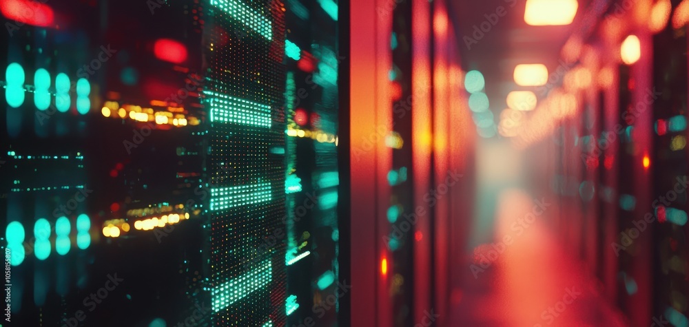 Poster close-up of server rack with colorful lights in data center.