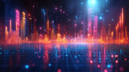 Fototapeta premium A futuristic cityscape with glowing skyscrapers and a grid pattern on the ground.