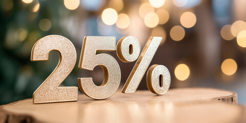 25% in gold letters on wooden trunk blurred background